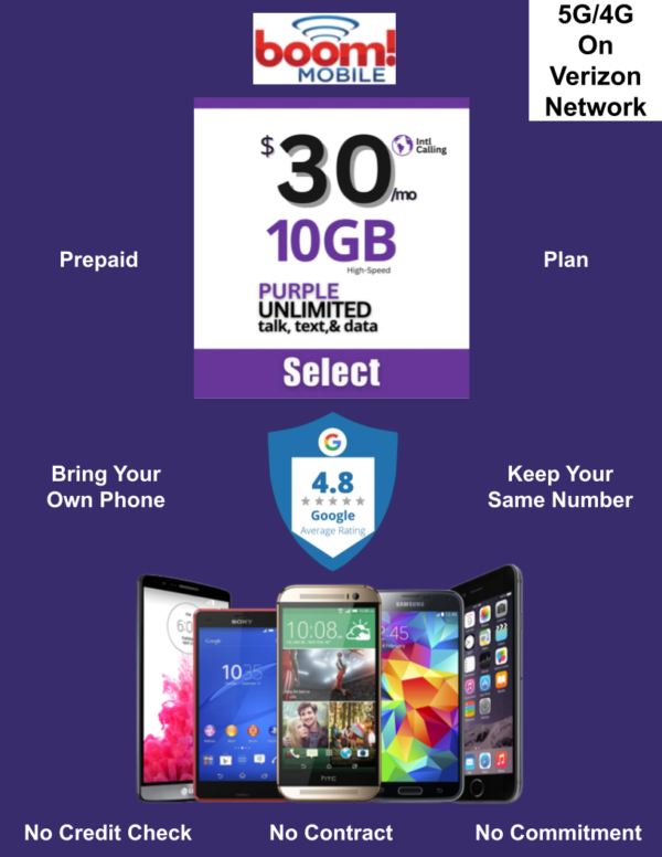 BOOM MOBILE PURPLE 10GB PREPAID PLAN on T-MOBILE