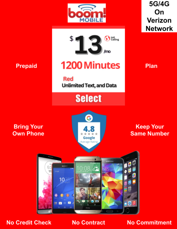 BOOM MOBILE RED 1GB PREPAID PLAN on VERIZON