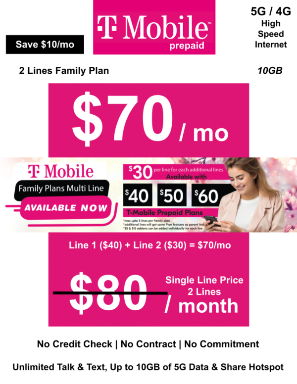 T-MOBILE PREPAID 10GB FAMILY PLAN 2 LINES