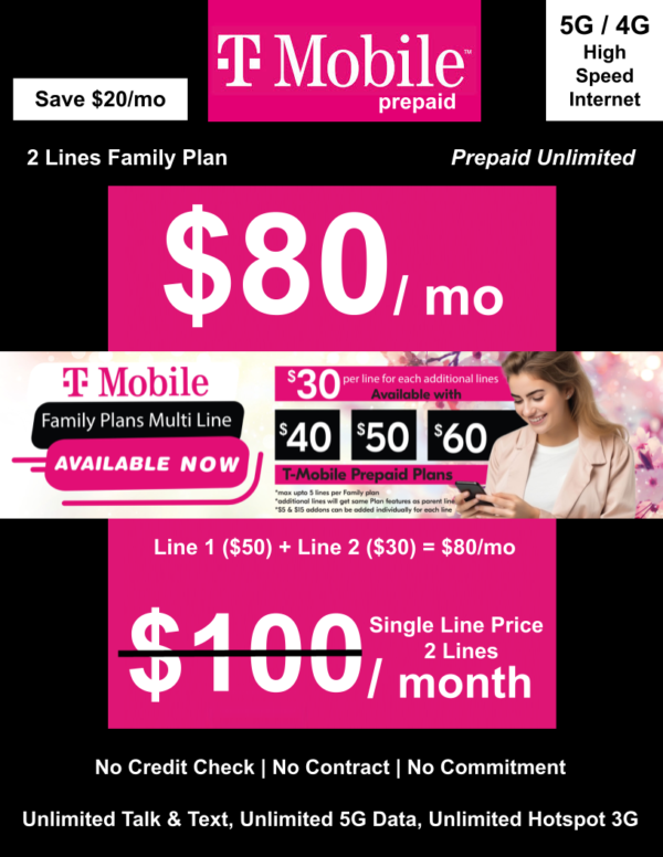 T-MOBILE PREPAID UNLIMITED FAMILY PLAN 2 LINES