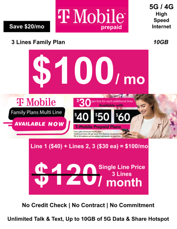 T-MOBILE PREPAID 10GB FAMILY PLAN 3 LINES