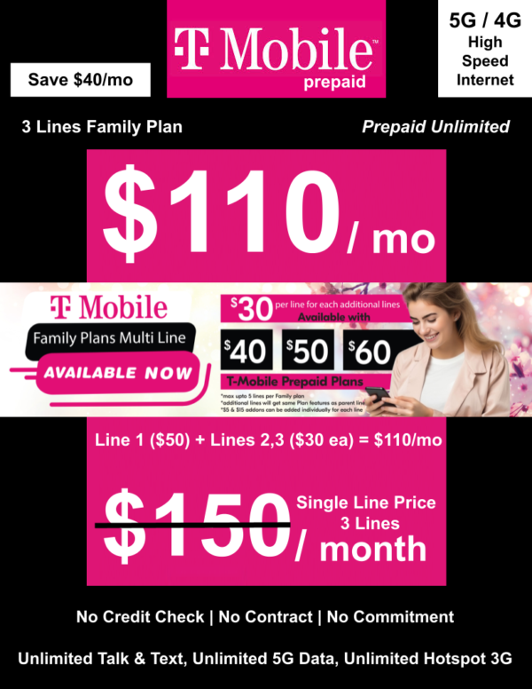 T-MOBILE PREPAID UNLIMITED FAMILY PLAN 3 LINES