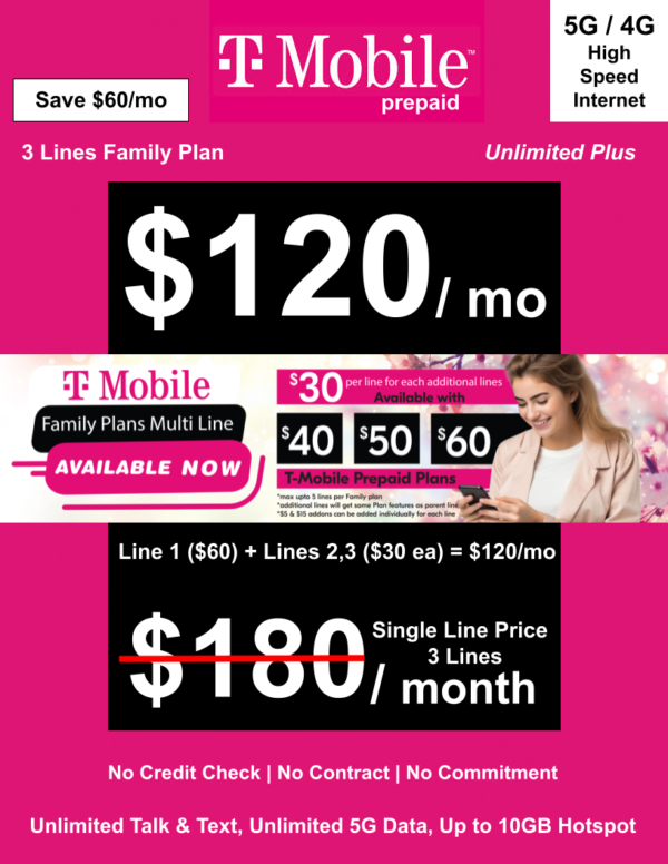 T-MOBILE PREPAID UNLIMITED PLUS FAMILY PLAN 3 LINES