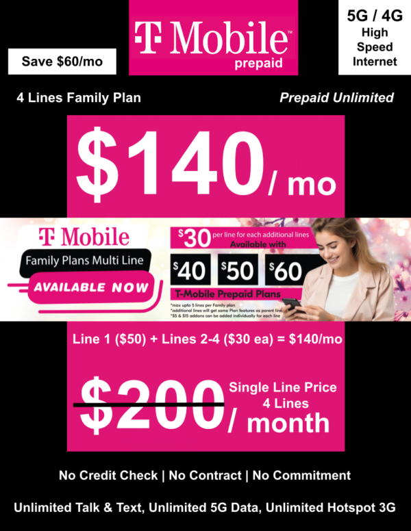 T-MOBILE PREPAID UNLIMITED FAMILY PLAN 4 LINES