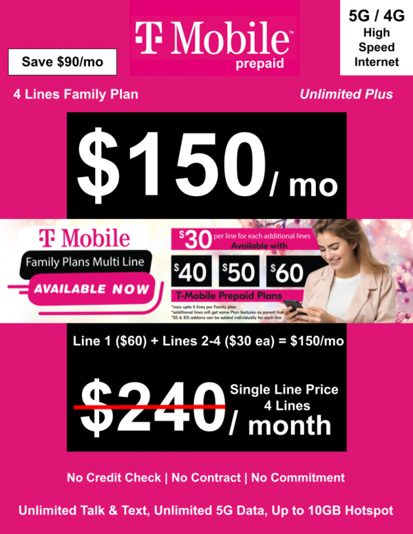 T-MOBILE PREPAID UNLIMITED PLUS FAMILY PLAN 4 LINES