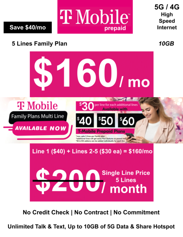 T-MOBILE PREPAID 10GB FAMILY PLAN 5 LINES