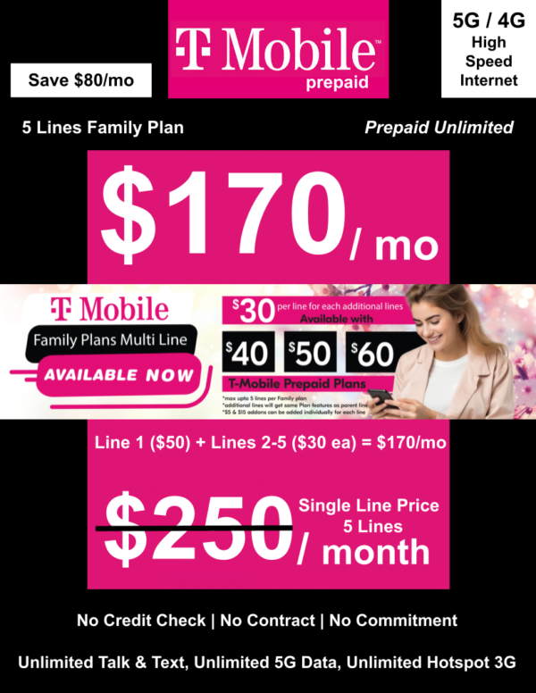 T-MOBILE PREPAID UNLIMITED FAMILY PLAN 5 LINES