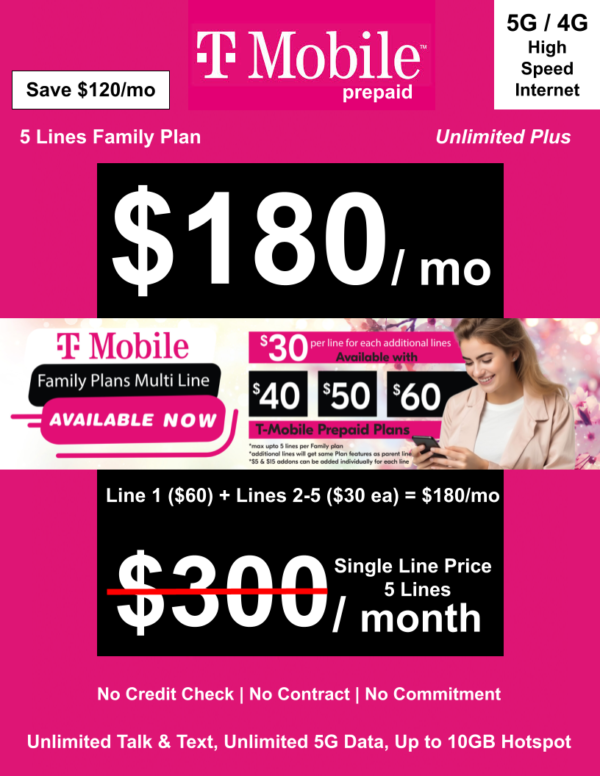 T-MOBILE PREPAID UNLIMITED PLUS FAMILY PLAN 5 LINES